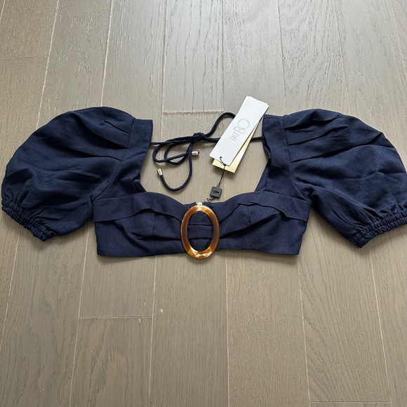 PatBo La Mer Crop Top Indigo Navy Blue Linen Puff Sleeve Size 4 - Picture 5 of 8